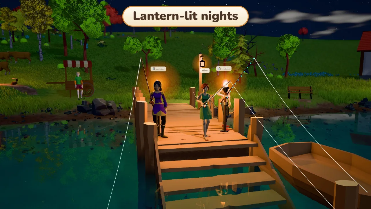 Anglers fishing from a lantern-lit dock at night, with the fishmonger’s cart behind them