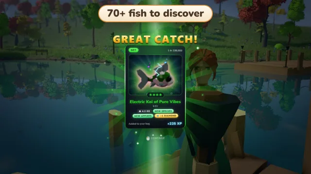 A Great Catch card for an Electric Koi of Pure Vibes, glowing green over the pond