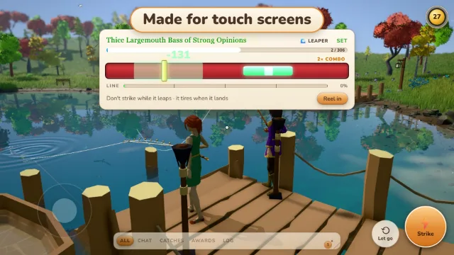 Fighting a Thicc Largemouth Bass of Strong Opinions with the on-screen Strike button and joystick